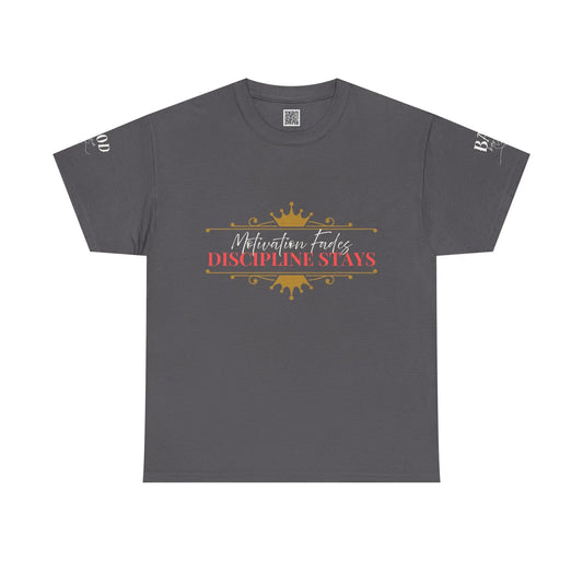 Women's motivational graphic T-shirt with "Motivation Fades. Discipline Stays." slogan, featuring empowering design on a Printify tee.