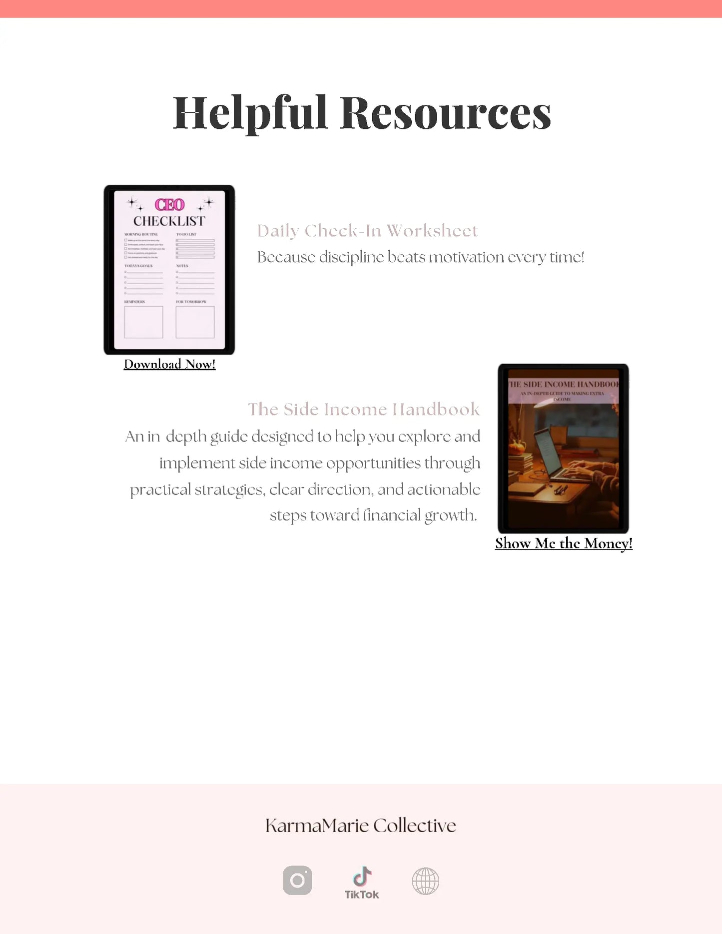 Digital product titled From Survival to CEO by Love, Karma Marie, featuring five colorful pages with motivational and business growth themes.