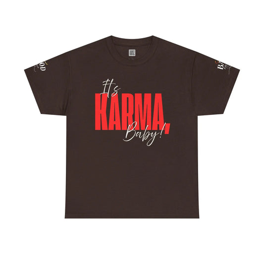 Women's "It’s Karma, Baby" graphic T-shirt by Printify featuring a motivational spiritual karma design on soft fabric.
