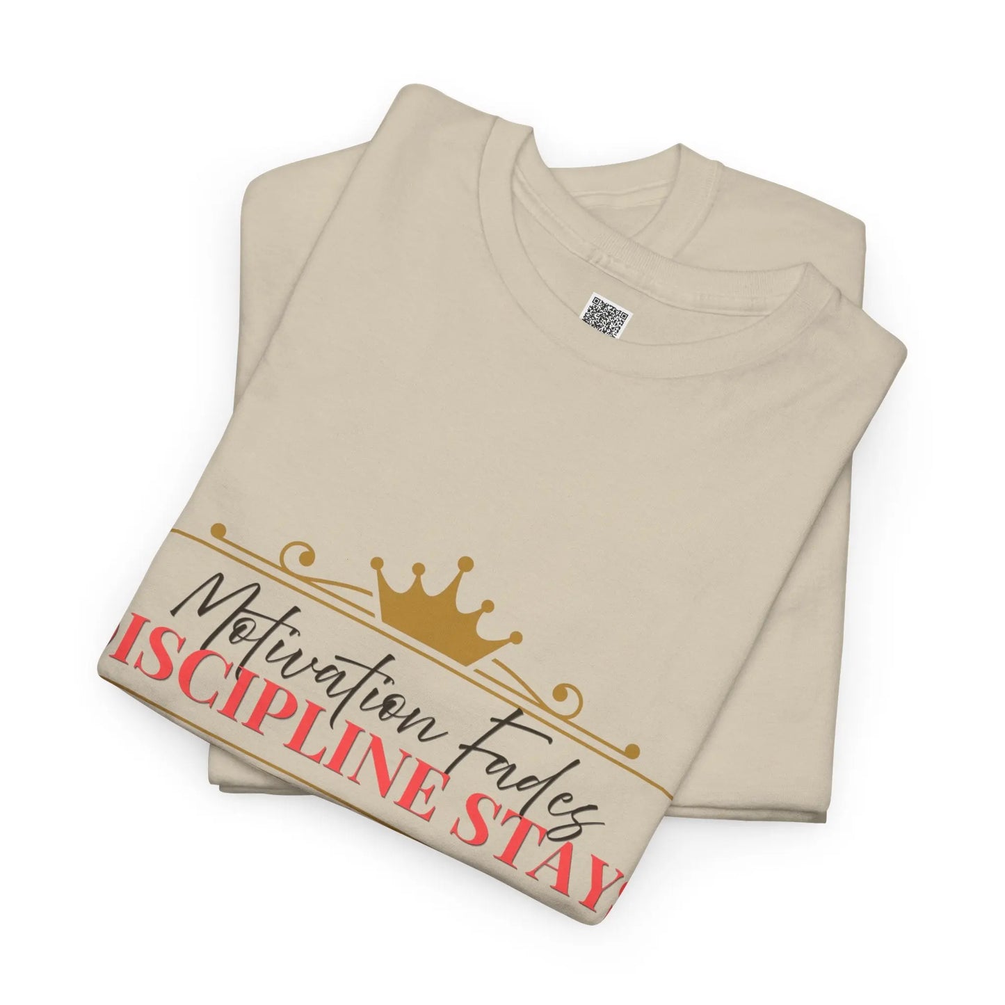 Women’s motivational graphic T-shirt with the quote "Motivation Fades. Discipline Stays." in bold print, emphasizing empowerment and discipline.