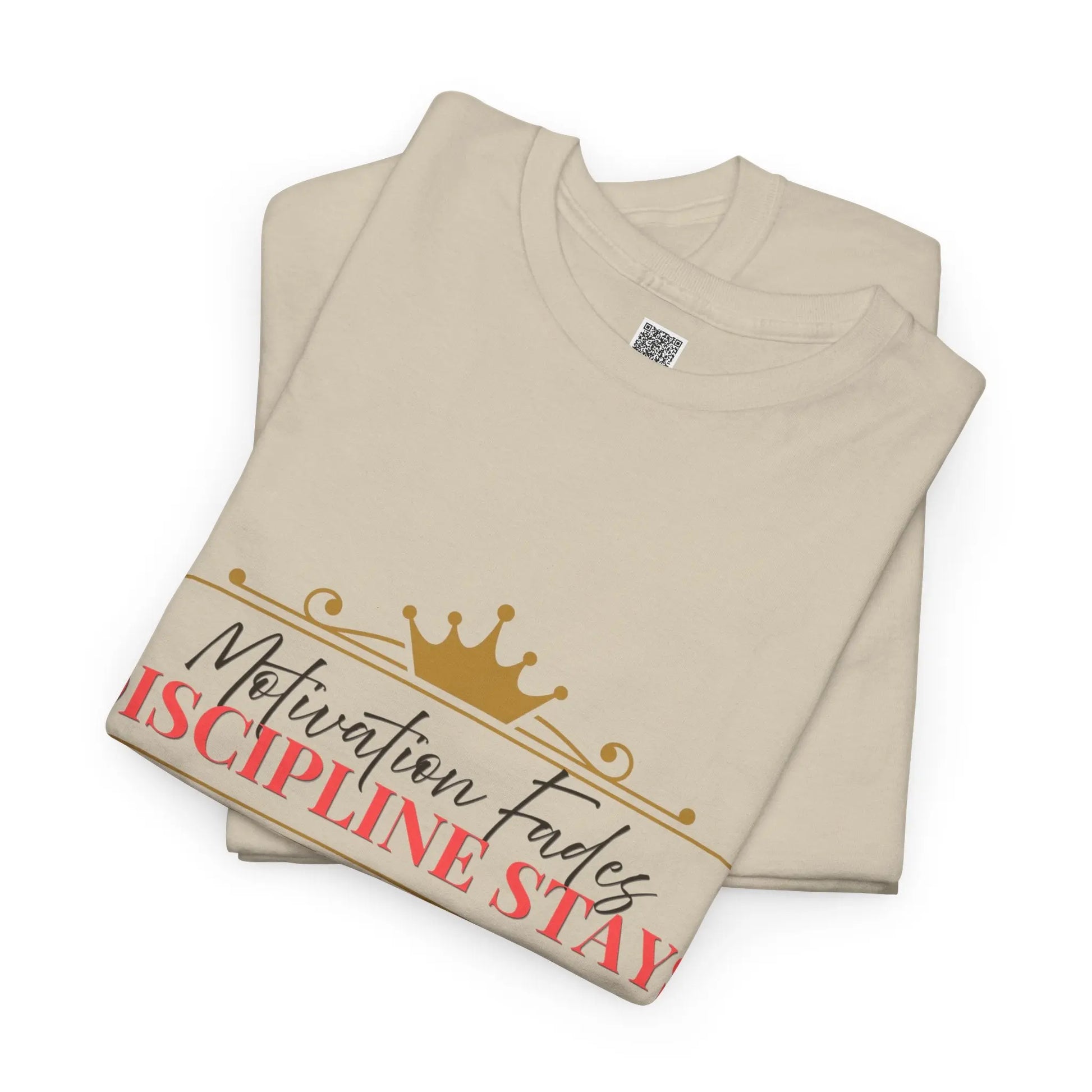 Women’s motivational graphic T-shirt with the quote "Motivation Fades. Discipline Stays." in bold print, emphasizing empowerment and discipline.