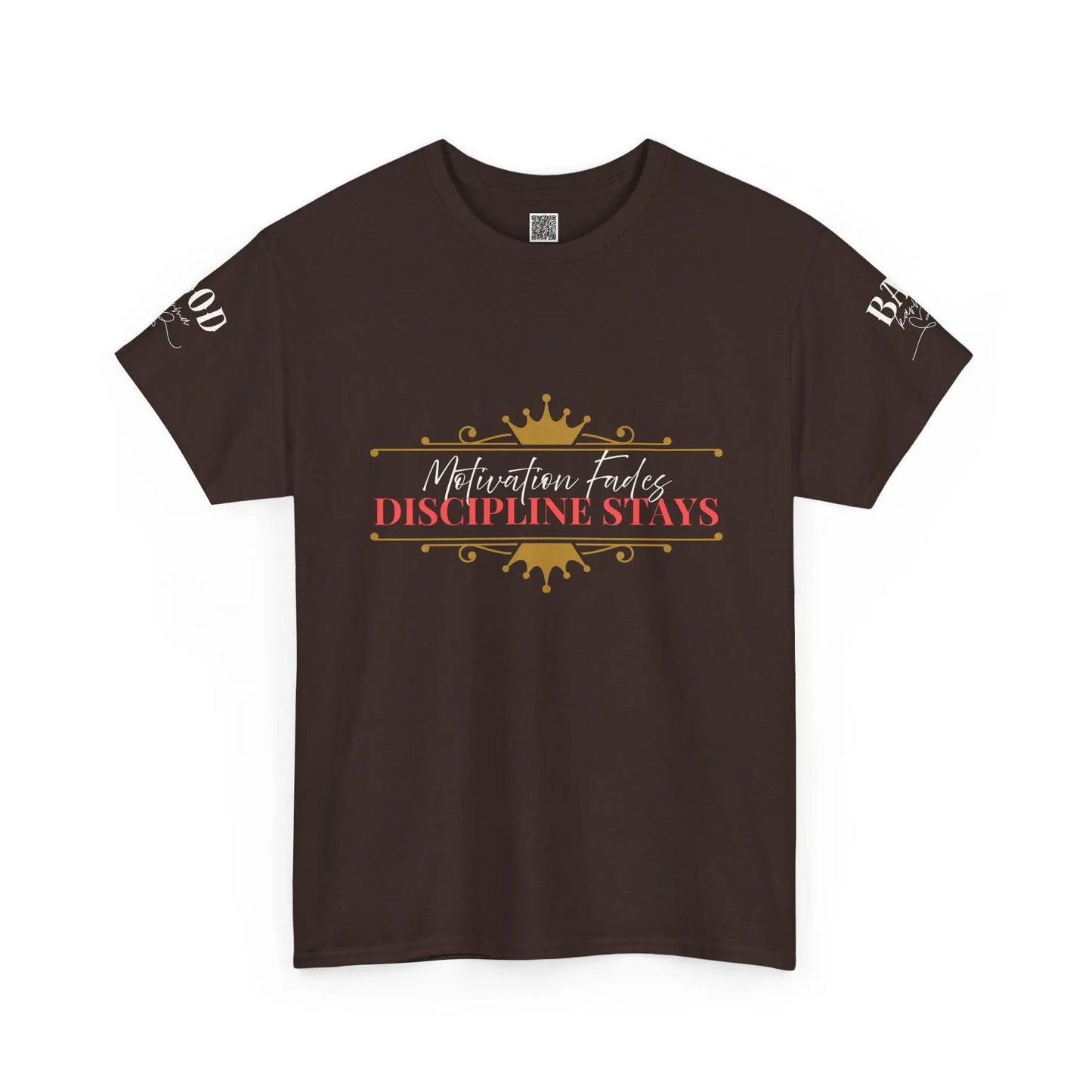 Women's motivational graphic T-shirt featuring the phrase "Motivation Fades. Discipline Stays." in bold print, from Printify.
