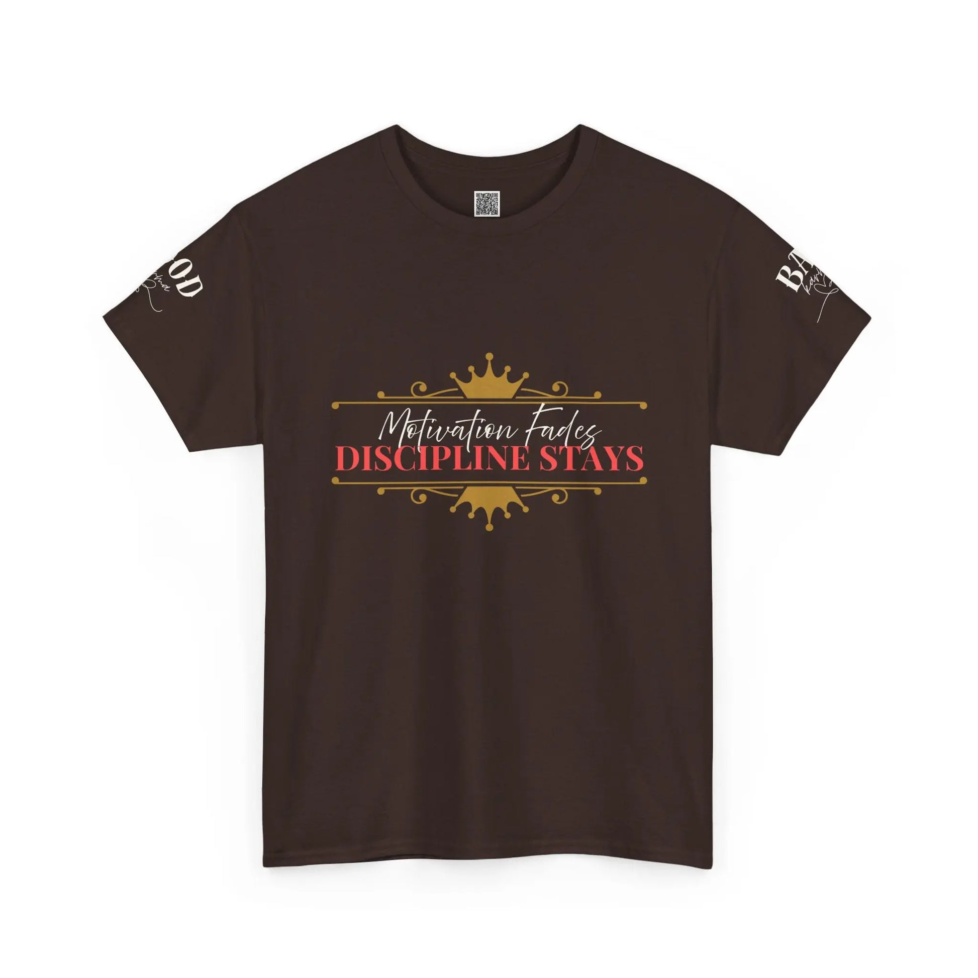 Women's motivational graphic T-shirt featuring the phrase "Motivation Fades. Discipline Stays." in bold print, from Printify.