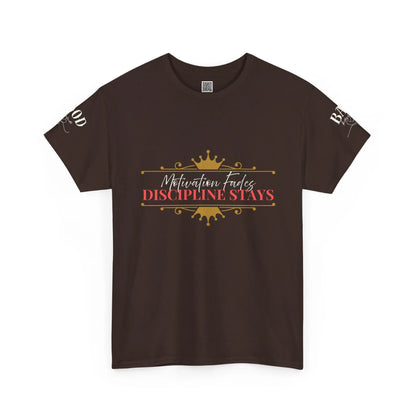 Women's motivational graphic T-shirt featuring the phrase "Motivation Fades. Discipline Stays." in bold print, from Printify.