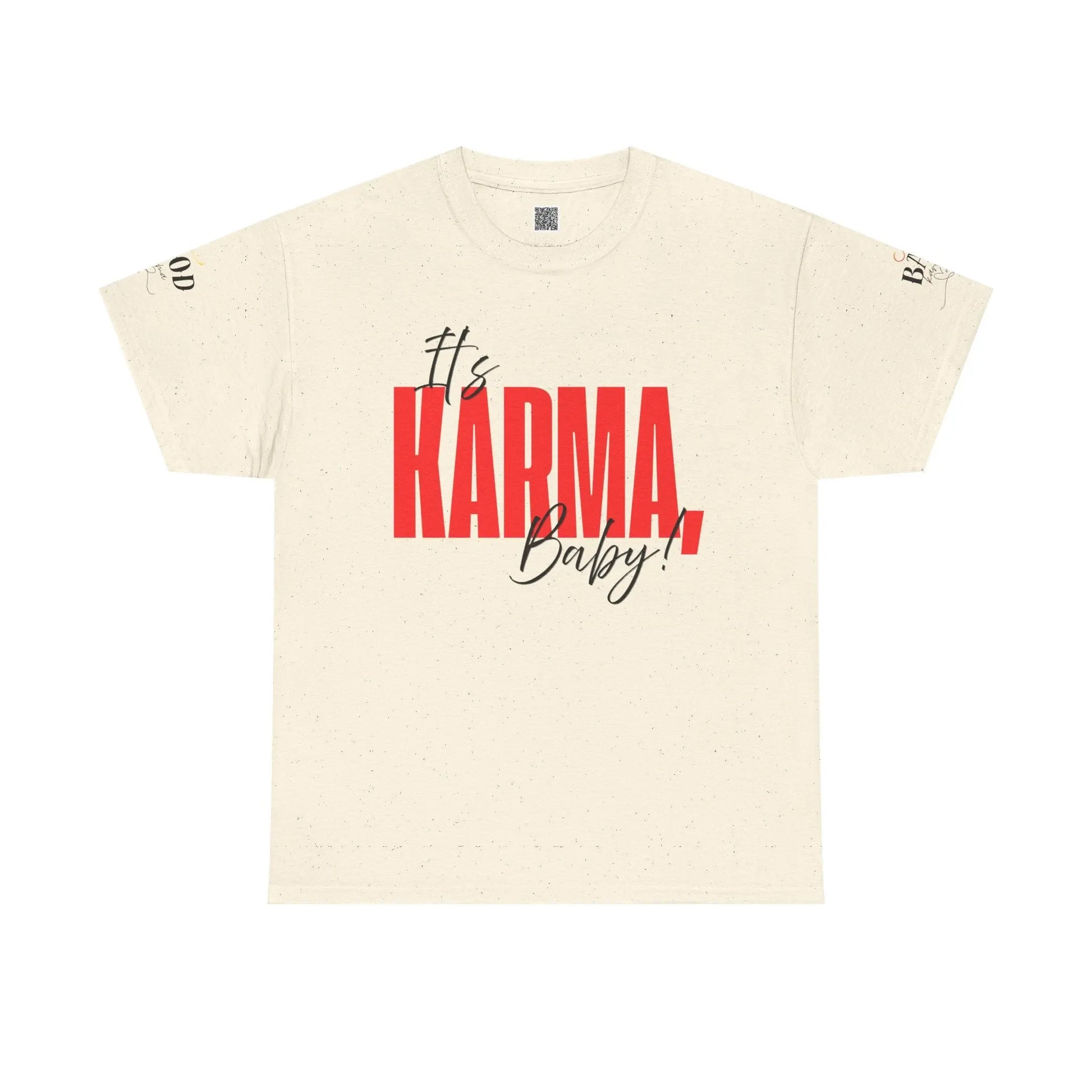Women’s “It’s Karma, Baby” graphic T-shirt by Printify featuring a motivational statement and spiritual karma design.