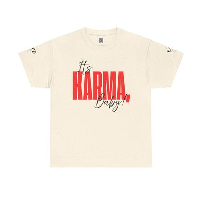 Women’s “It’s Karma, Baby” graphic T-shirt by Printify featuring a motivational statement and spiritual karma design.