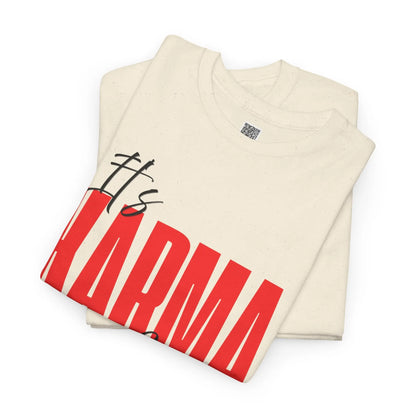Women's black graphic T-shirt by Printify with "It’s Karma, Baby" motivational statement and spiritual empowerment design.