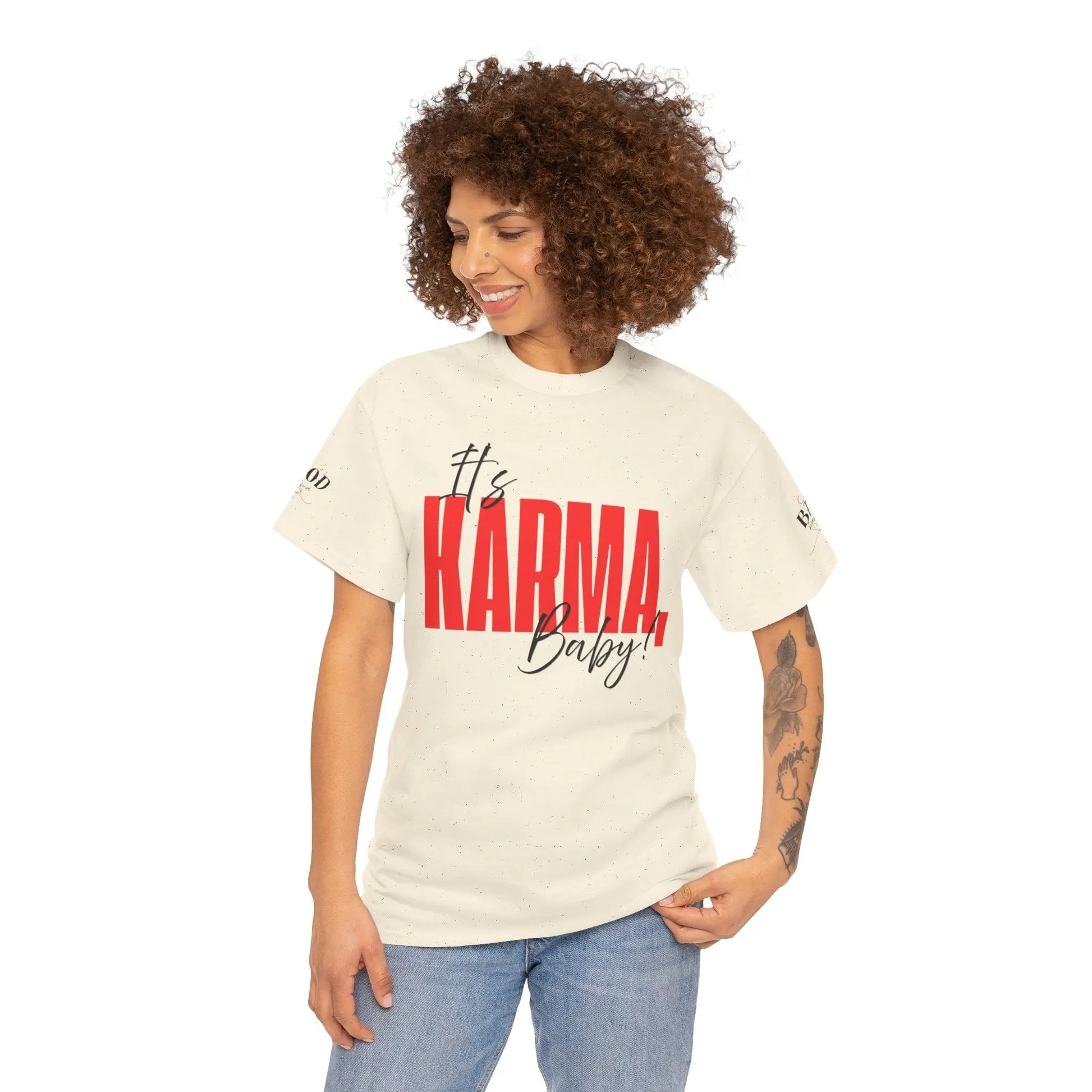 Women’s “It’s Karma, Baby” empowerment graphic T-shirt by Printify, featuring motivational spiritual karma design on a casual tee.