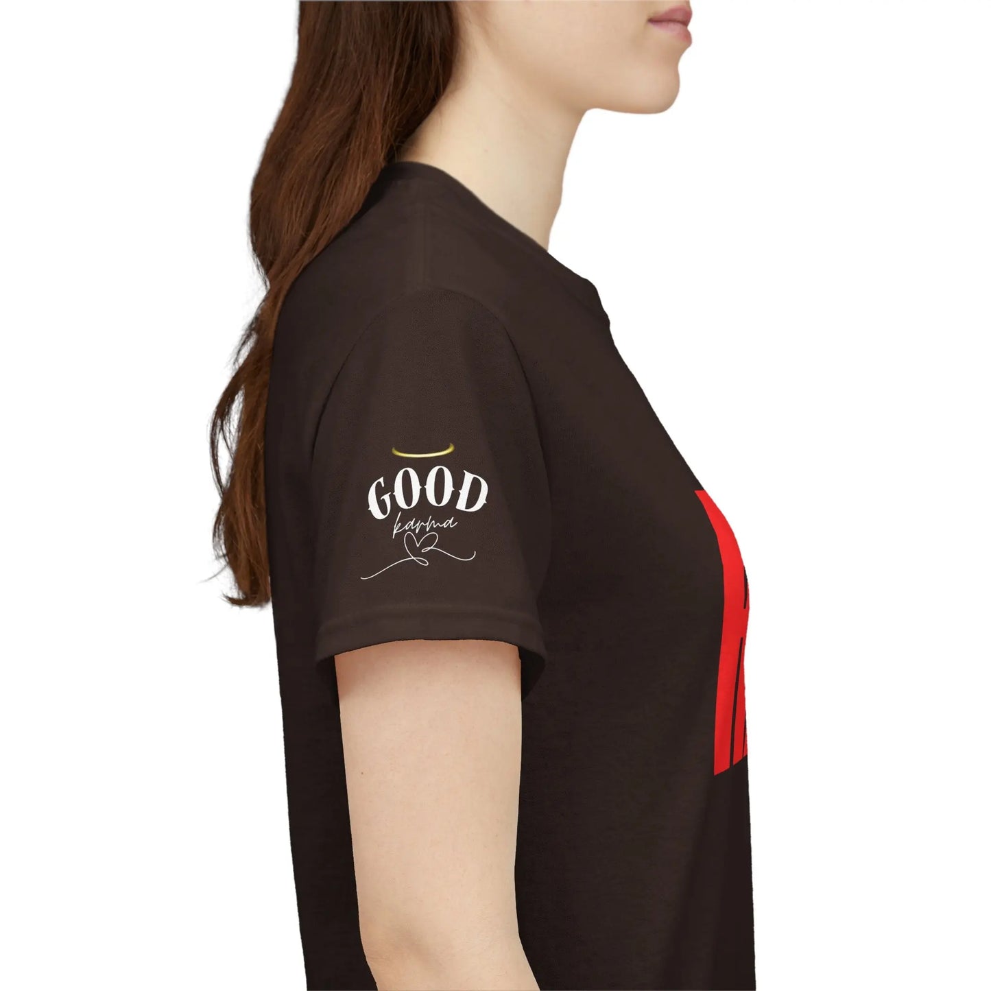Women’s “It’s Karma, Baby” spiritual empowerment graphic T-shirt by Printify featuring motivational statement and bold design.
