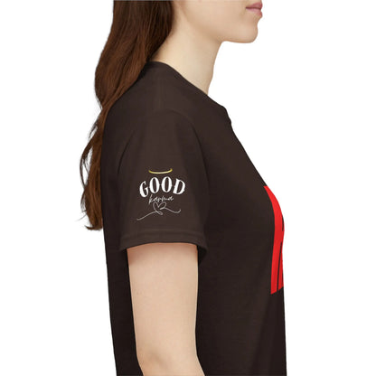 Women’s “It’s Karma, Baby” spiritual empowerment graphic T-shirt by Printify featuring motivational statement and bold design.