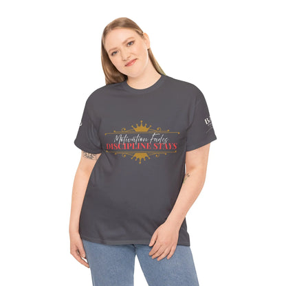 Women's motivational graphic T-shirt with "Motivation Fades. Discipline Stays." slogan, featuring empowering design by Printify.