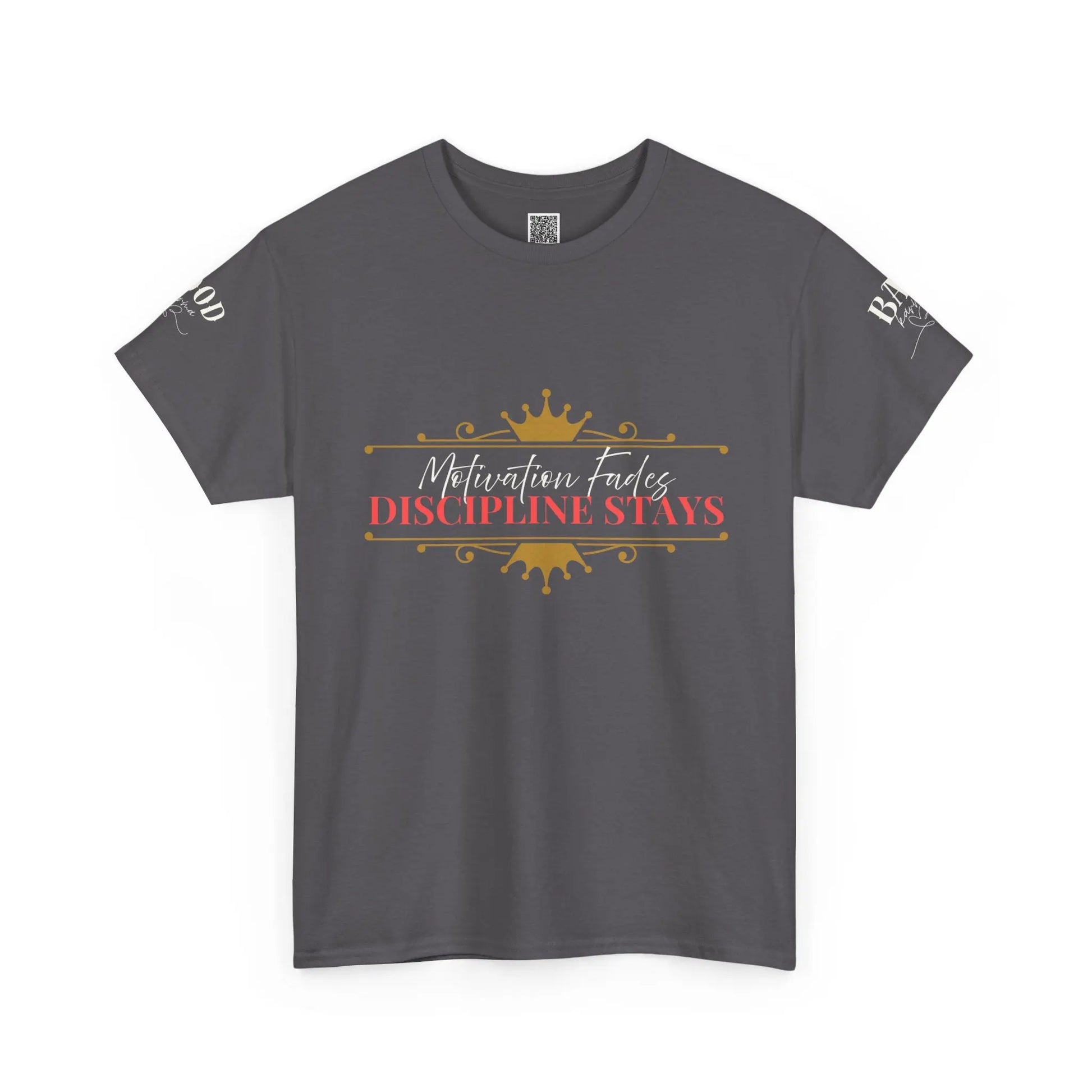 Women's motivational graphic T-shirt with "Motivation Fades, Discipline Stays" printed on a black Printify tee, promoting empowerment and discipline.