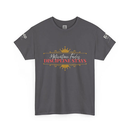 Women's motivational graphic T-shirt with "Motivation Fades, Discipline Stays" printed on a black Printify tee, promoting empowerment and discipline.