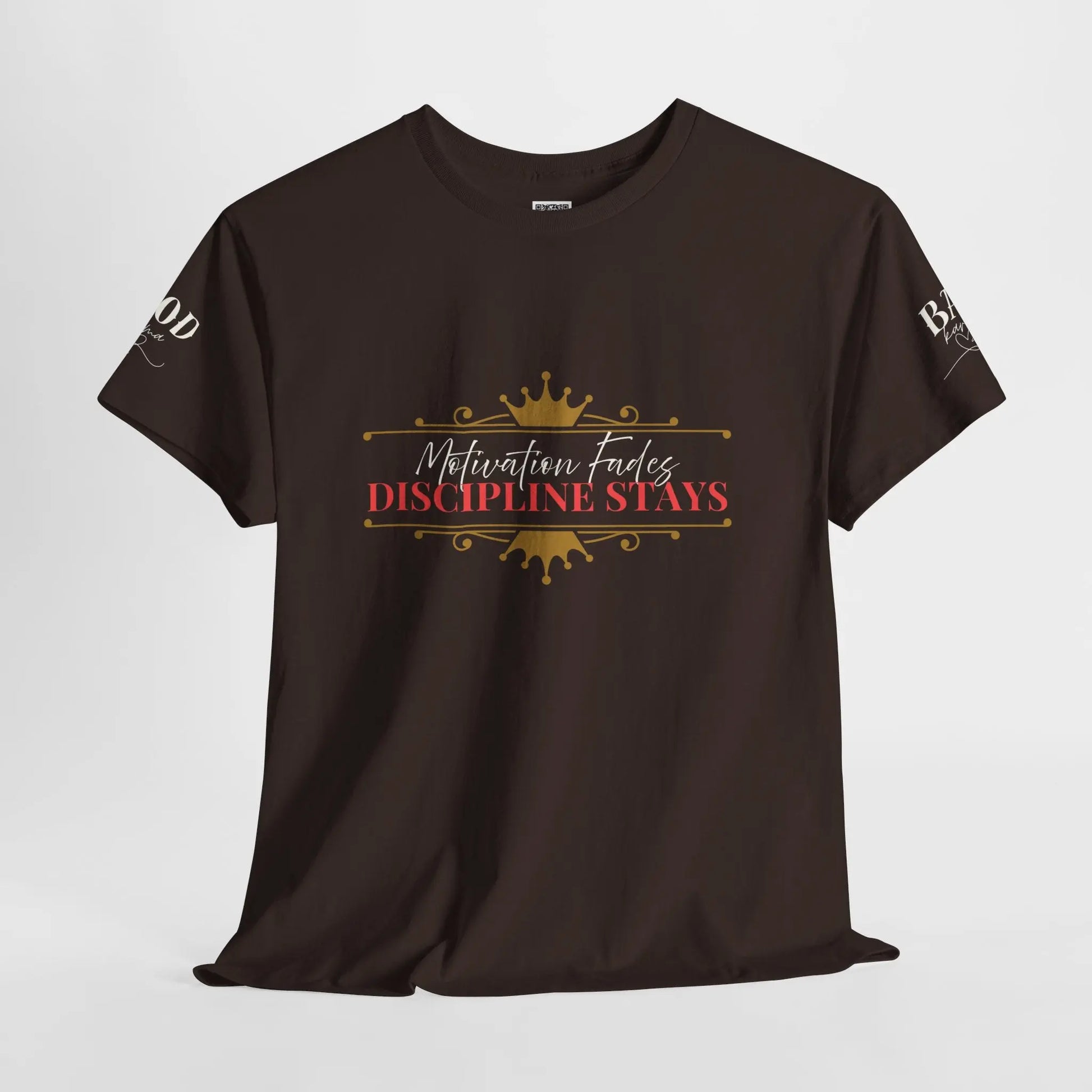 Women’s motivational graphic T-shirt with the phrase “Motivation Fades. Discipline Stays.”, featuring empowering design on a Printify tee.