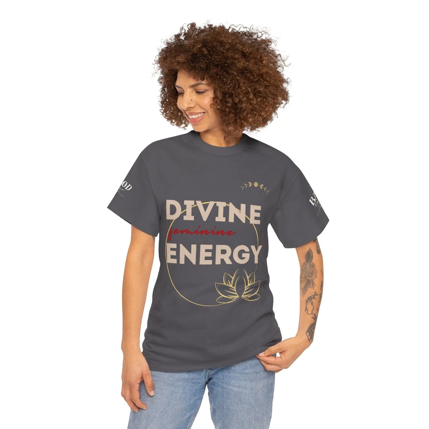 Printify spiritual T-shirt featuring divine feminine energy and lotus design, perfect for yoga, mindfulness, and empowerment.