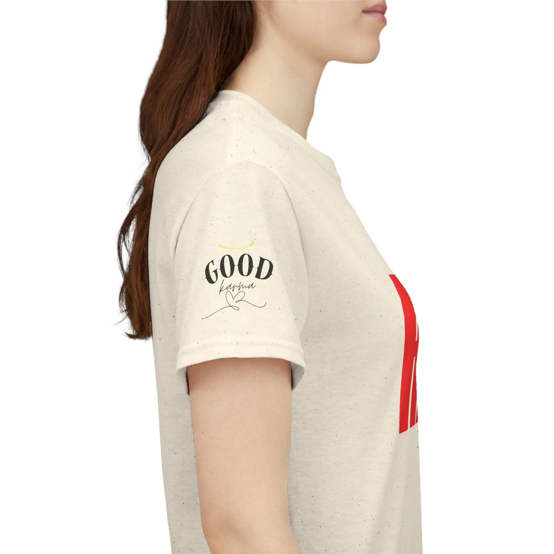 Women’s “It’s Karma, Baby” graphic T-shirt by Printify featuring a motivational spiritual message on soft fabric.