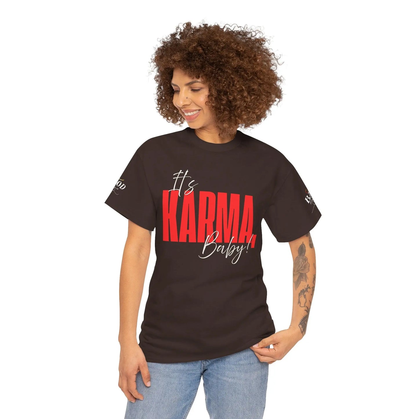 Women’s “It’s Karma, Baby” empowerment graphic T-shirt by Printify featuring motivational spiritual karma design.