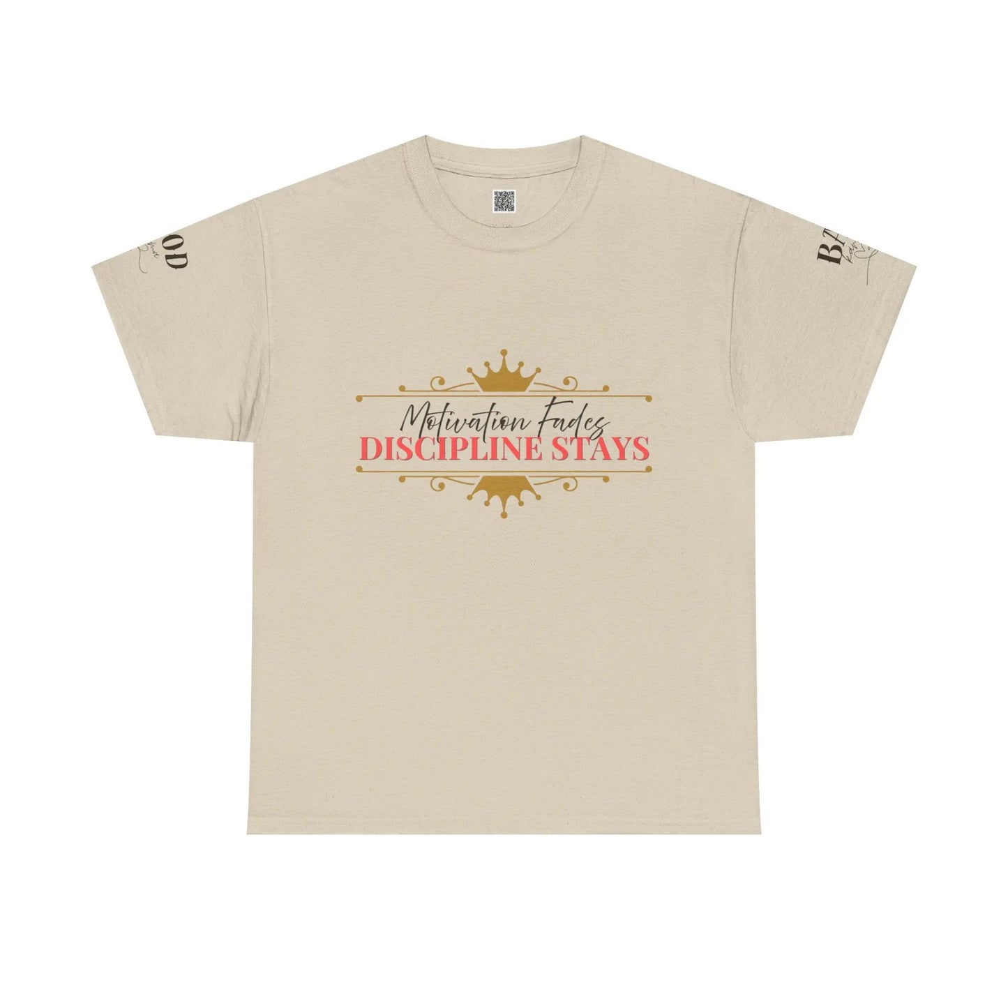 Women's motivational graphic T-shirt featuring the phrase "Motivation Fades. Discipline Stays." in bold print, ideal for empowerment.