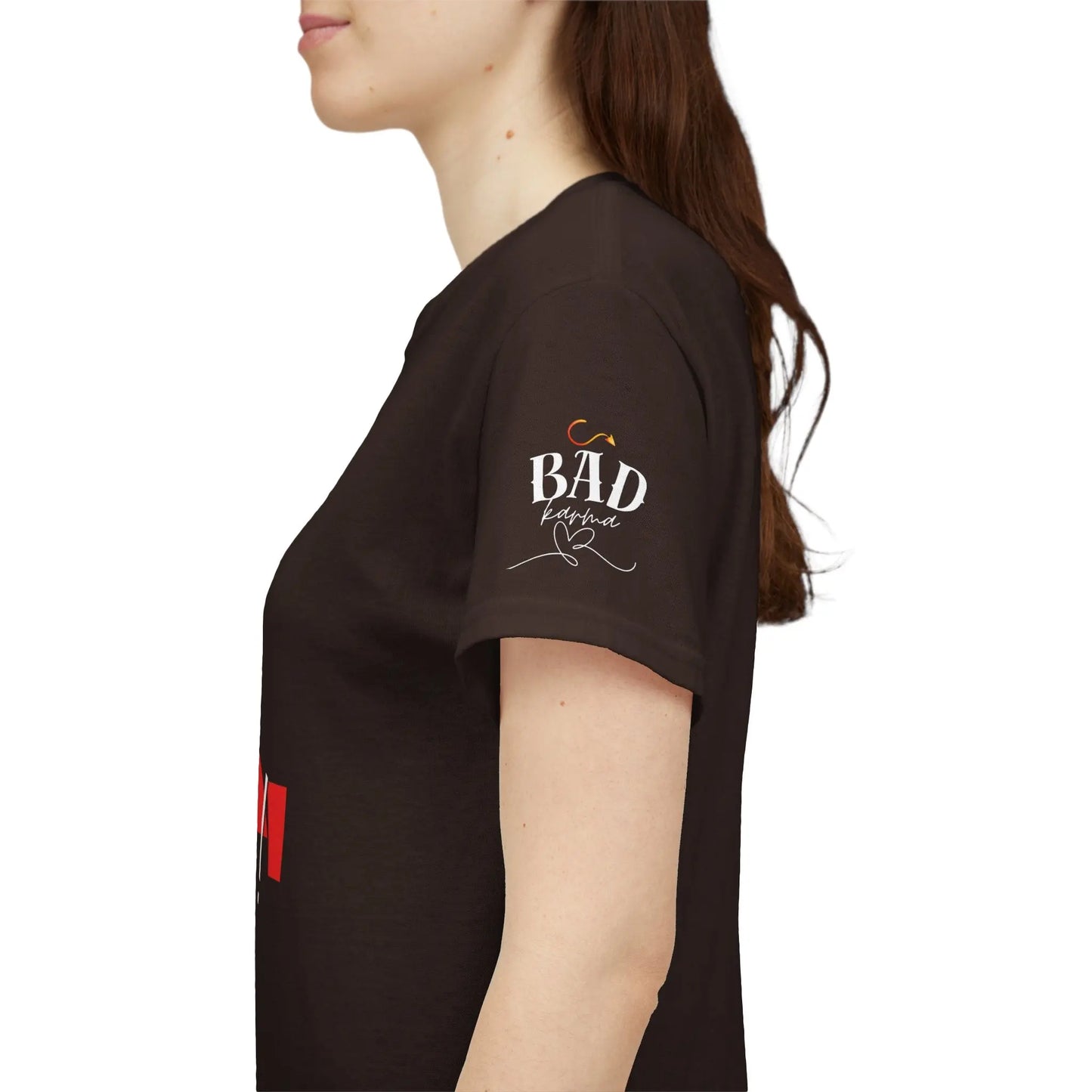 Women's "It’s Karma, Baby" graphic T-shirt by Printify featuring a spiritual and motivational design for empowerment.
