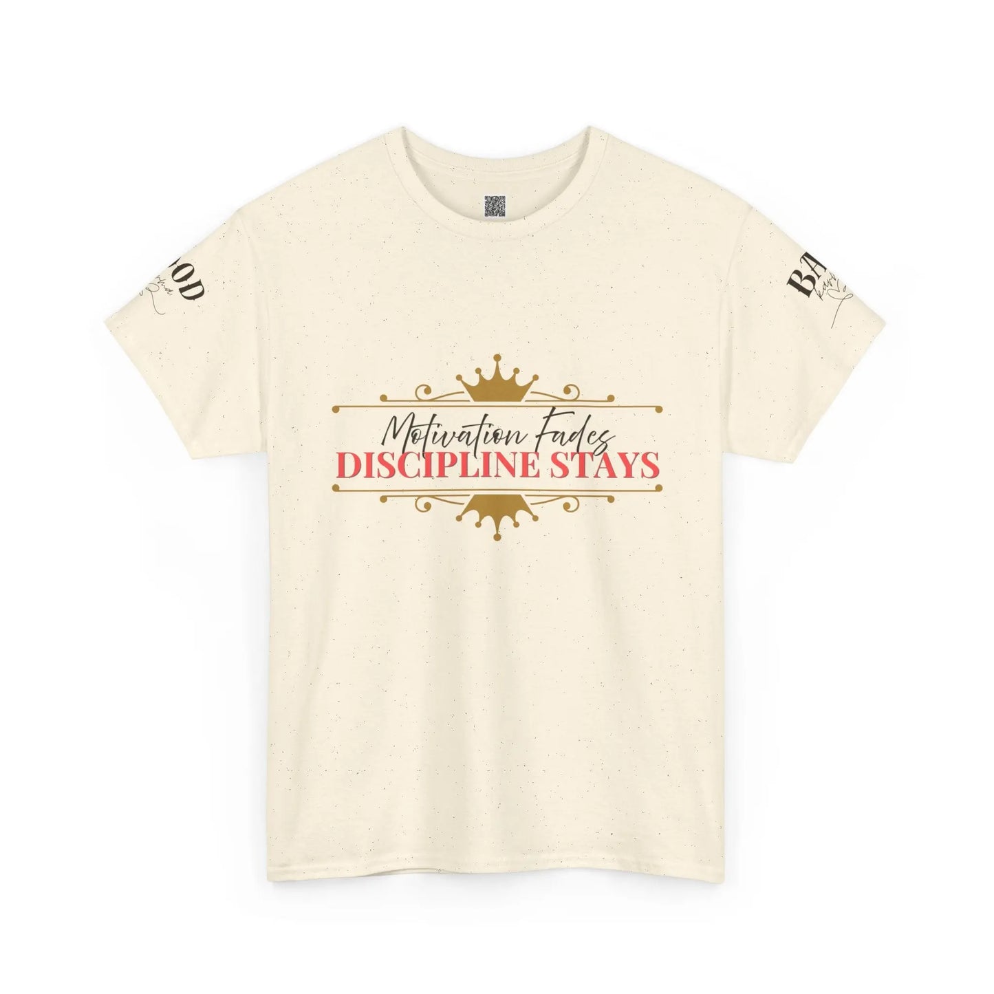 Women's motivational graphic T-shirt with the phrase "Motivation Fades. Discipline Stays." in bold print, emphasizing empowerment and discipline.
