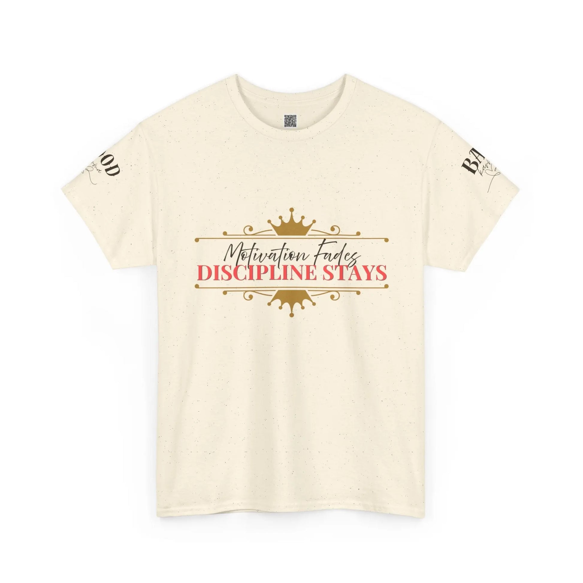 Women's motivational graphic T-shirt with the phrase "Motivation Fades. Discipline Stays." in bold print, emphasizing empowerment and discipline.