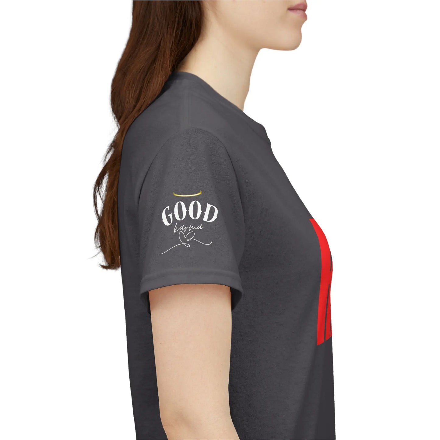 Women's "It’s Karma, Baby" graphic T-shirt by Printify featuring a motivational spiritual karma design on soft fabric.