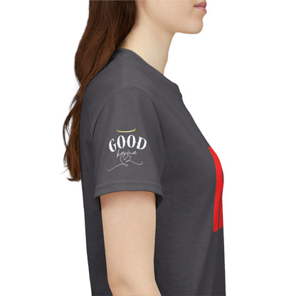 Women's "It’s Karma, Baby" graphic T-shirt by Printify featuring a motivational spiritual karma design on soft fabric.
