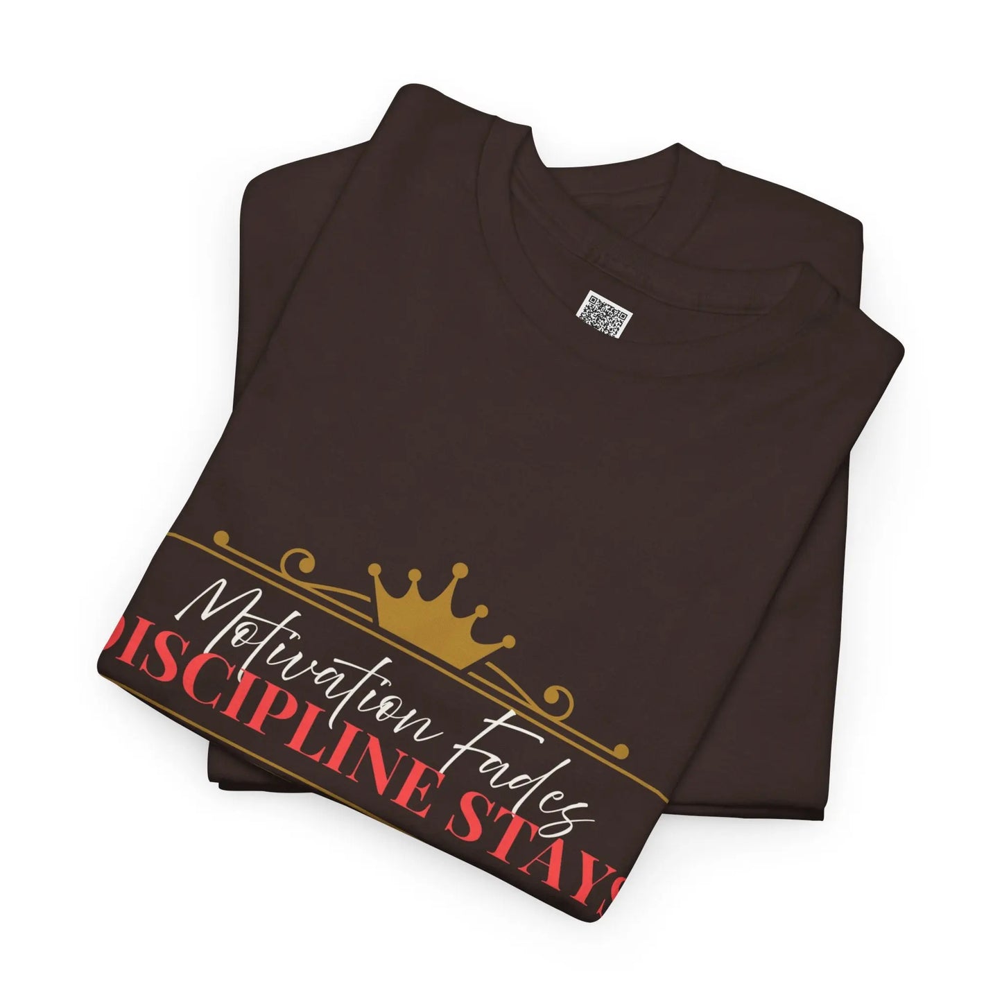 Women’s motivational graphic T-shirt with the quote "Motivation Fades. Discipline Stays" in bold black text on a white shirt.