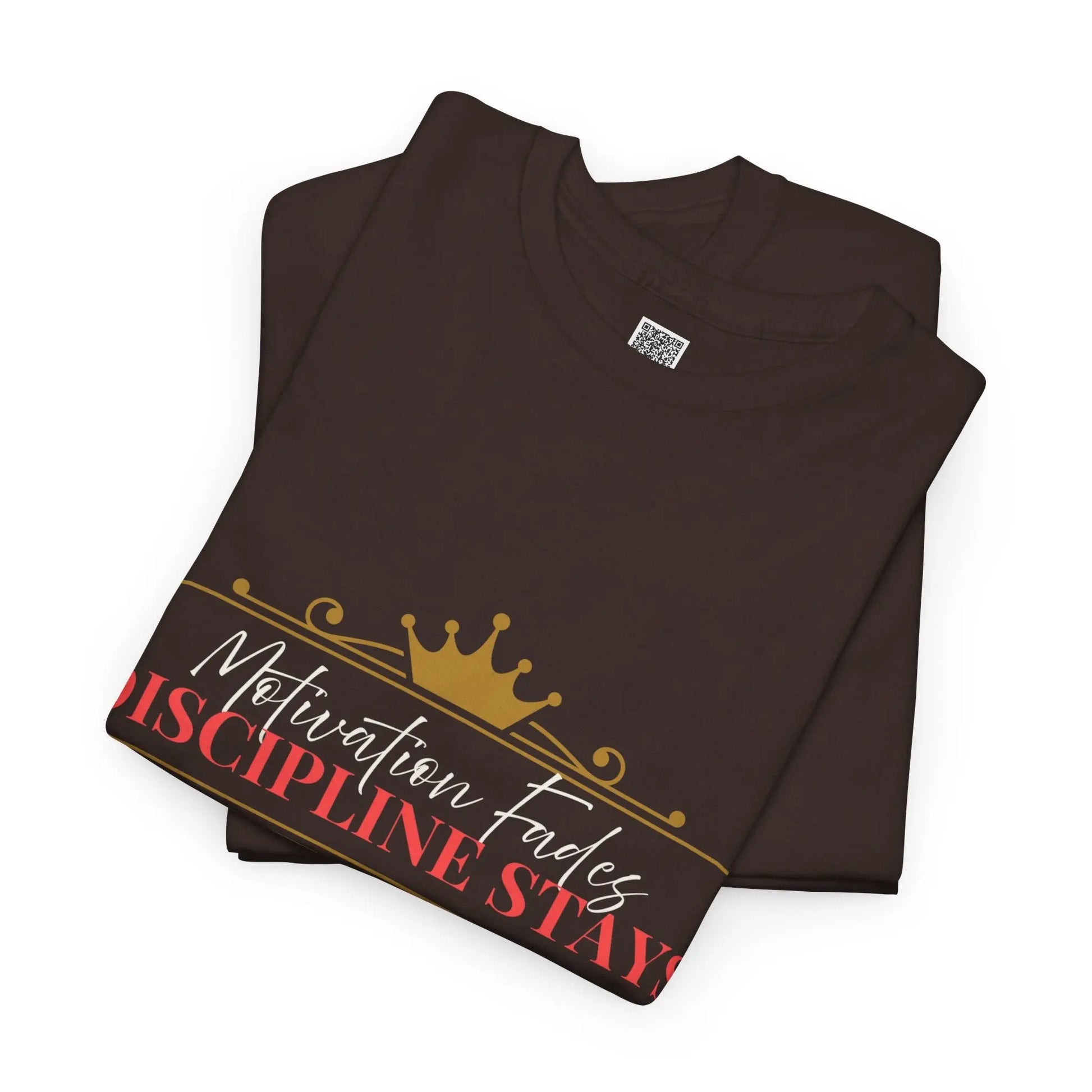 Women’s motivational graphic T-shirt with the quote "Motivation Fades. Discipline Stays" in bold black text on a white shirt.