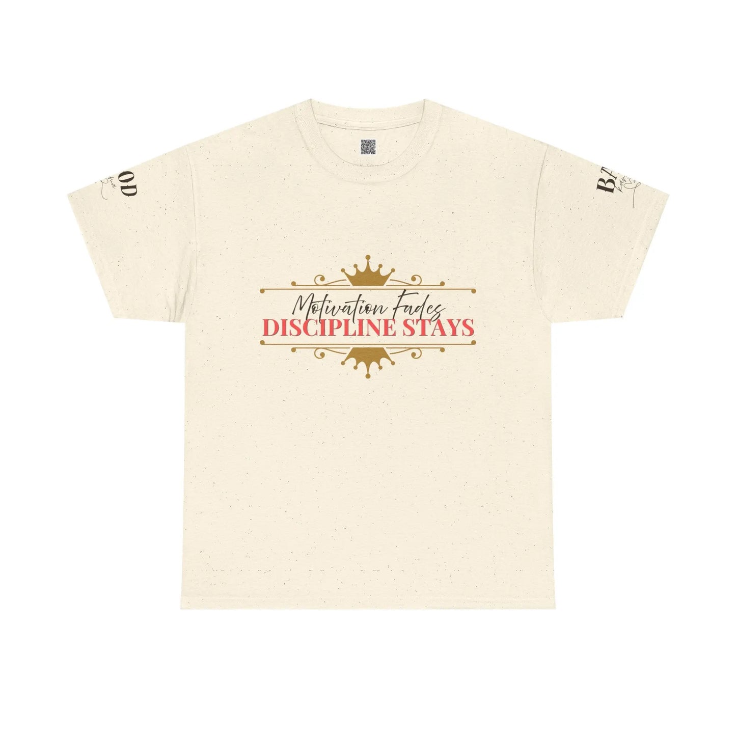 Women's motivational graphic T-shirt by Printify featuring the phrase "Motivation Fades. Discipline Stays." in bold black text.