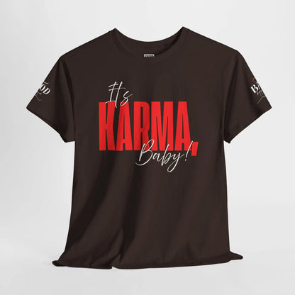 Women's "It’s Karma, Baby" graphic T-shirt by Printify featuring a motivational spiritual karma design on a casual tee.