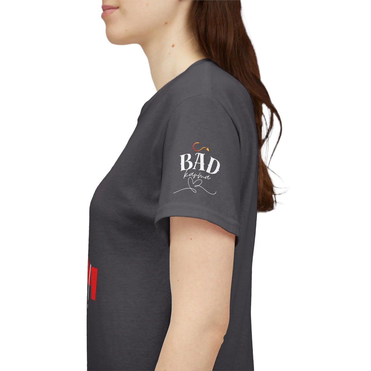 Women’s “It’s Karma, Baby” motivational graphic T-shirt by Printify featuring empowering spiritual message and stylish design.