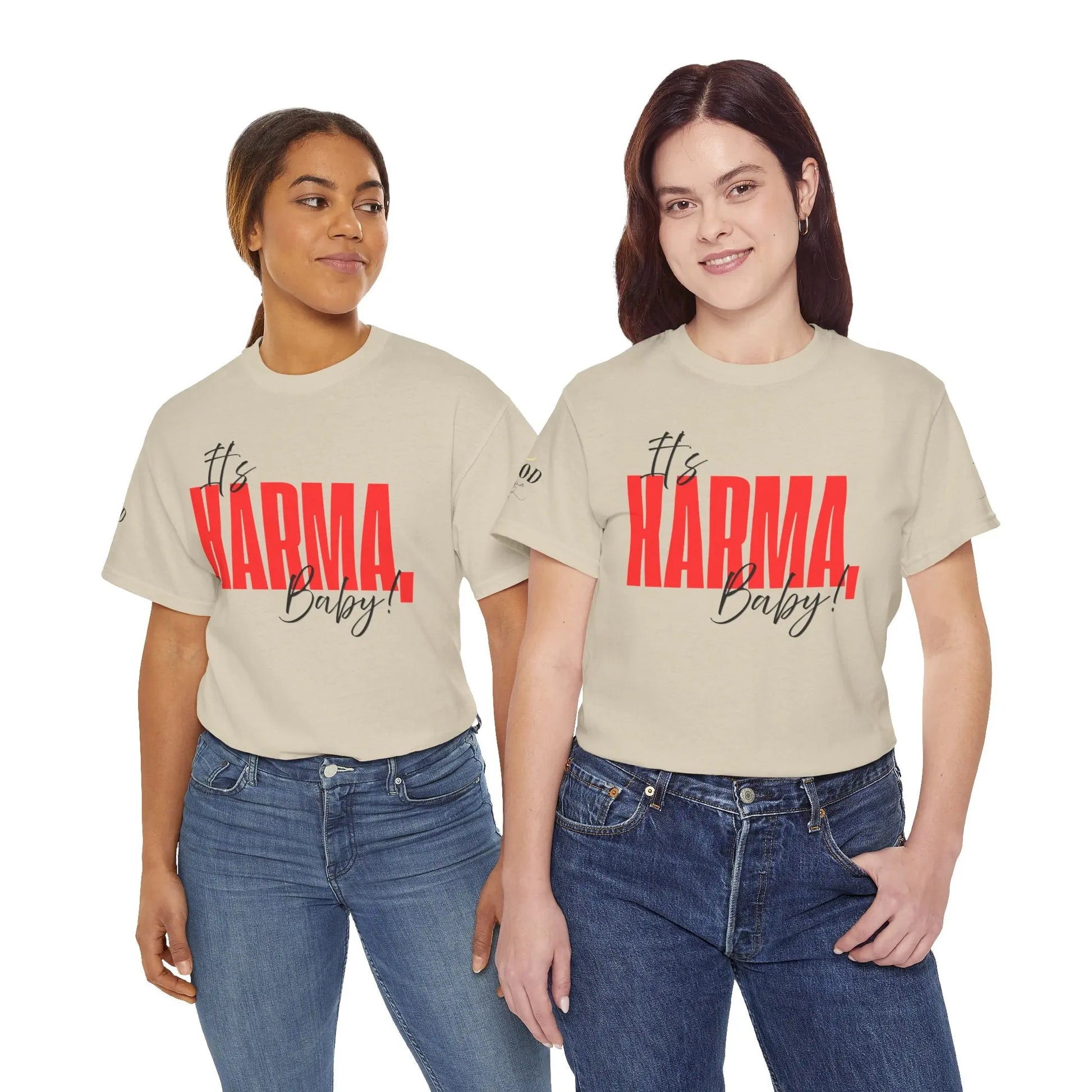 Women’s “It’s Karma, Baby” graphic T-shirt by Printify featuring motivational spiritual karma statement design.