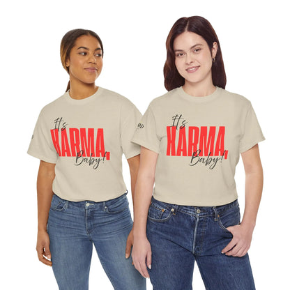 Women’s “It’s Karma, Baby” graphic T-shirt by Printify featuring motivational spiritual karma statement design.