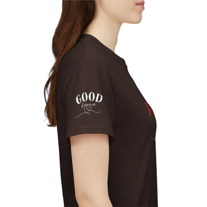 Feminine energy graphic T-shirt for women with self-love and soft life motivation design, by Printify.