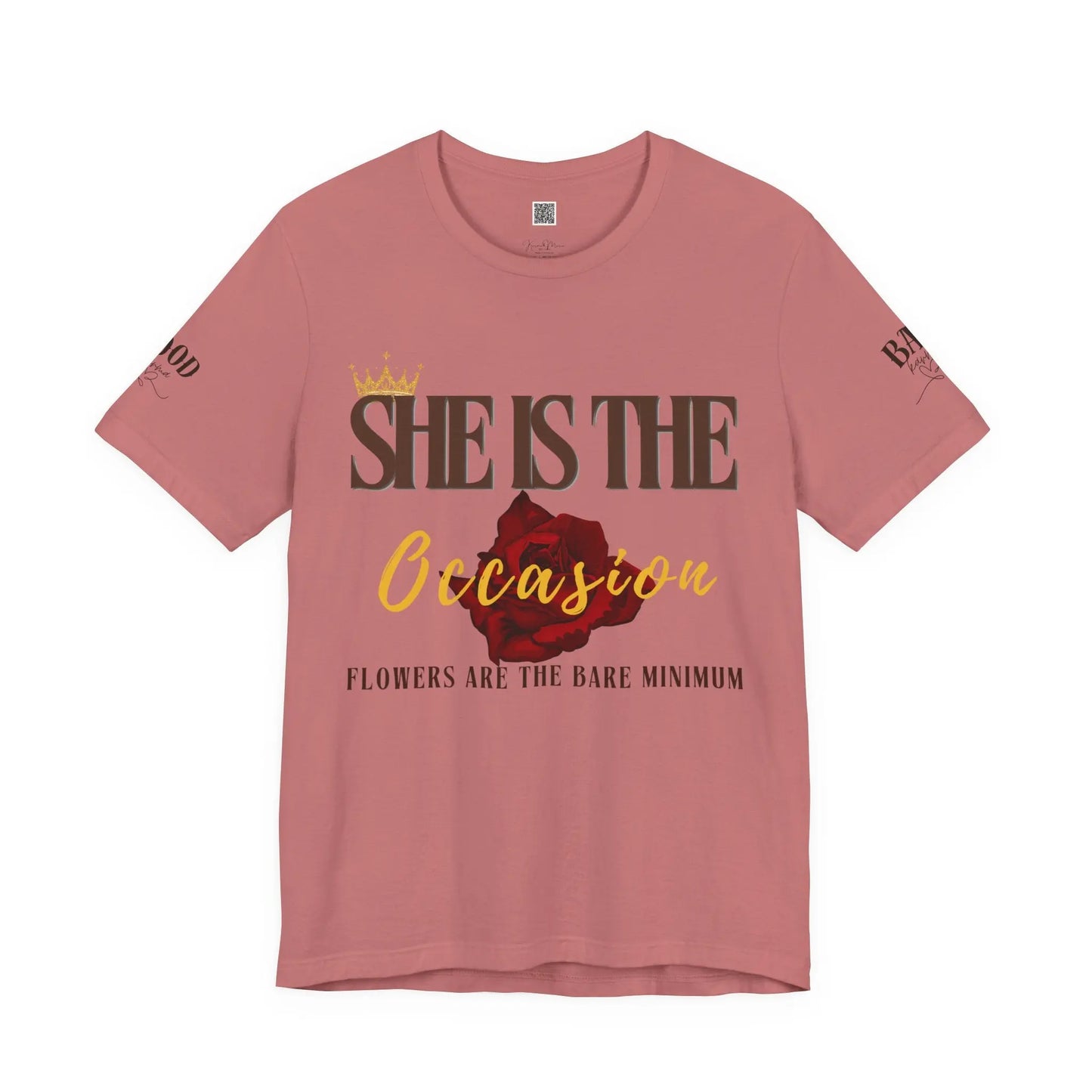 Empowering women's "She Is The Occasion" motivational statement T-shirt by Printify, soft girl luxury aesthetic design.