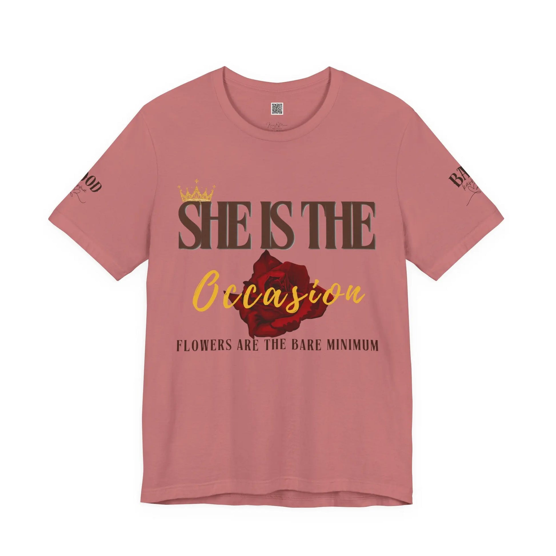 Empowering women's "She Is The Occasion" motivational statement T-shirt by Printify, soft girl luxury aesthetic design.