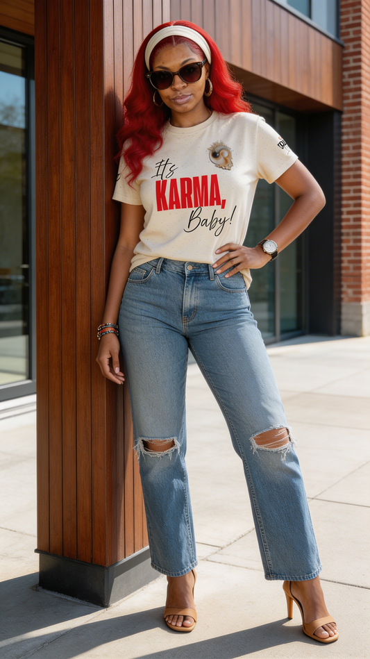 It’s Karma, Baby” Women’s Empowerment Graphic T-Shirt | Spiritual Karma Tee | Motivational Statement Shirt