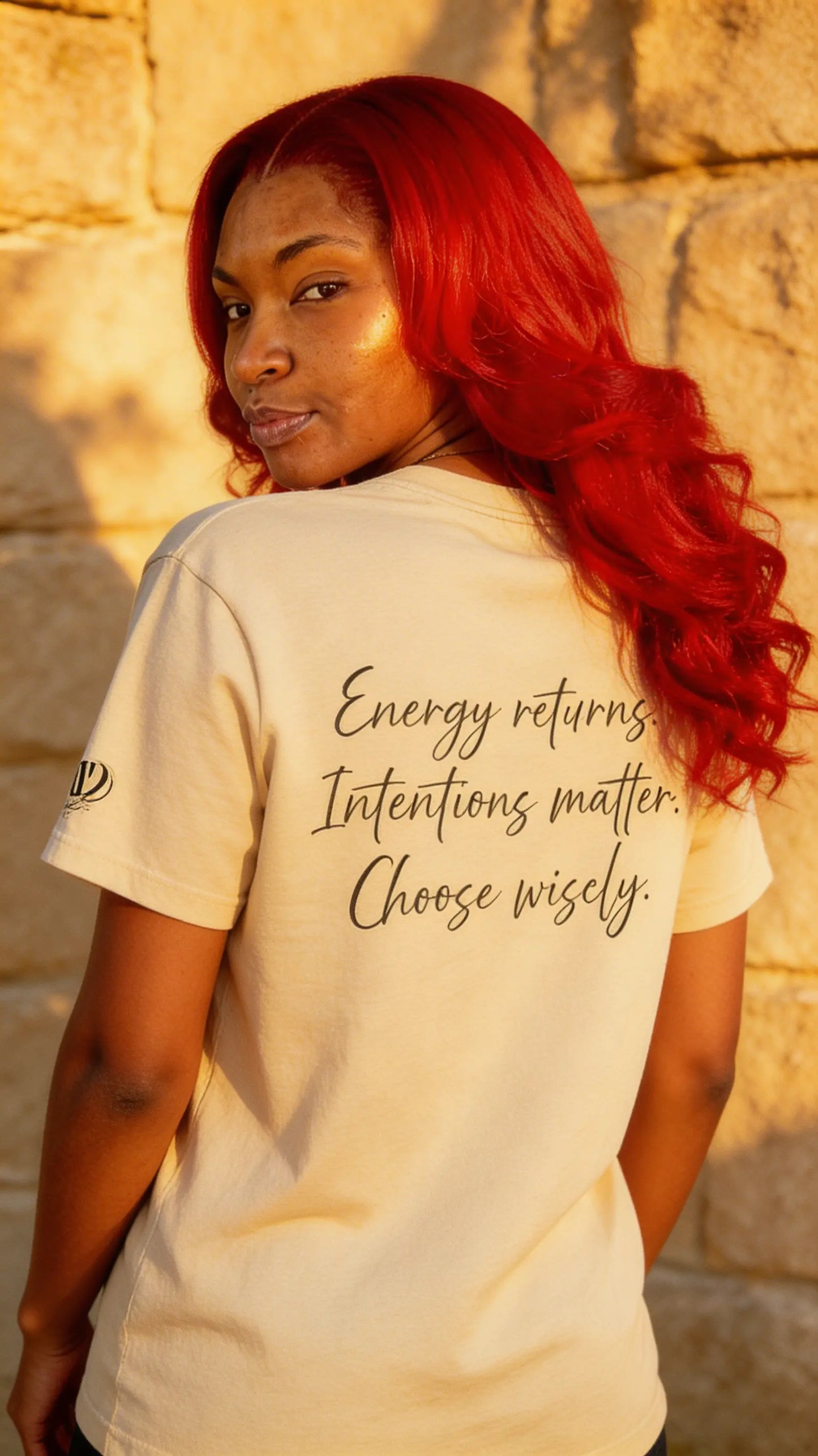 Women’s “It’s Karma, Baby” empowerment graphic T-shirt by Printify featuring motivational spiritual karma design.