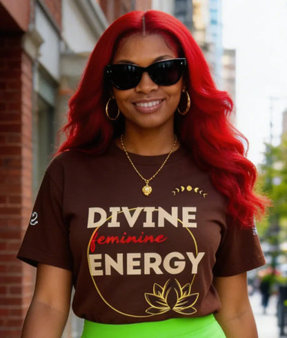 Printify Divine Feminine Energy T-Shirt featuring a lotus design, feminine power graphic for women’s yoga and mindfulness practice.