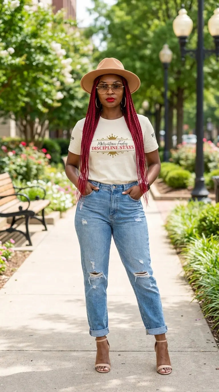 Women’s motivational graphic T-shirt with the message "Motivation Fades. Discipline Stays." featuring empowering text in bold black print.