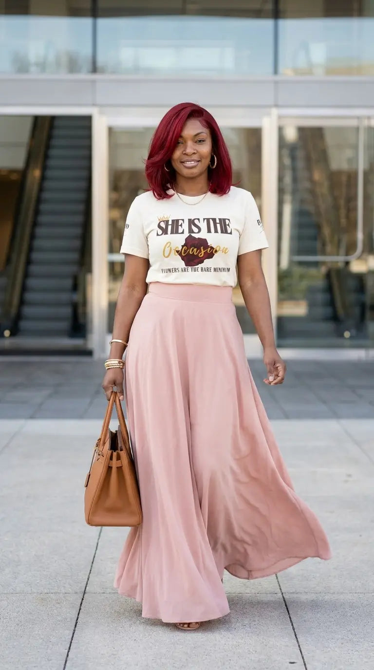 Soft pink "She Is The Occasion" motivational women's T-shirt by Printify, featuring empowering self-love message and luxury aesthetic.