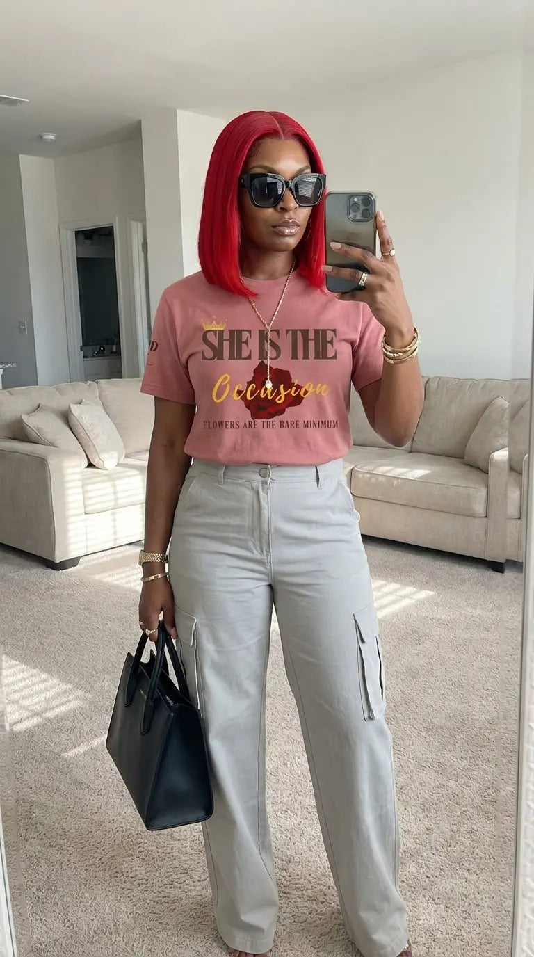 Empowering women’s “She Is The Occasion” motivational t-shirt by Printify, soft girl luxury aesthetic, inspirational self-love shirt