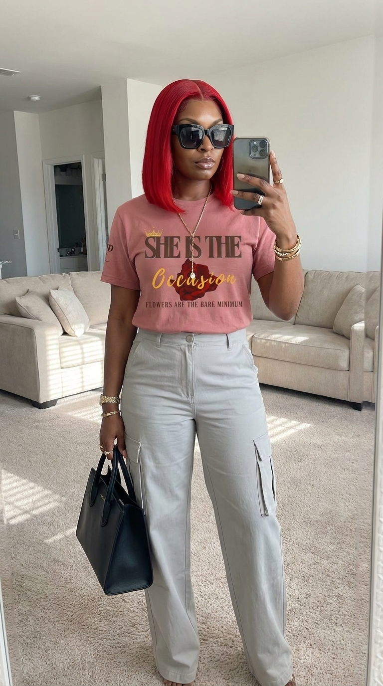 Empowering women’s “She Is The Occasion” motivational t-shirt by Printify, soft girl luxury aesthetic, inspirational self-love shirt