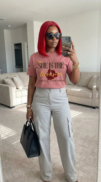 Empowering women’s “She Is The Occasion” motivational t-shirt by Printify, soft girl luxury aesthetic, inspirational self-love shirt