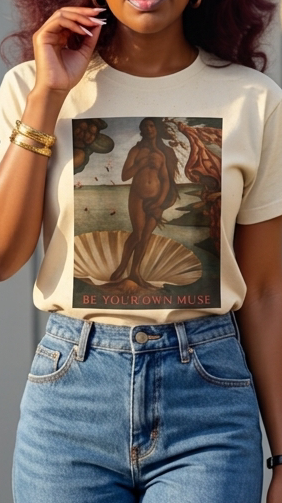 Vintage Renaissance goddess T-shirt featuring "Be Your Own Muse" print, with artistic goddess illustration on a white Printify tee.