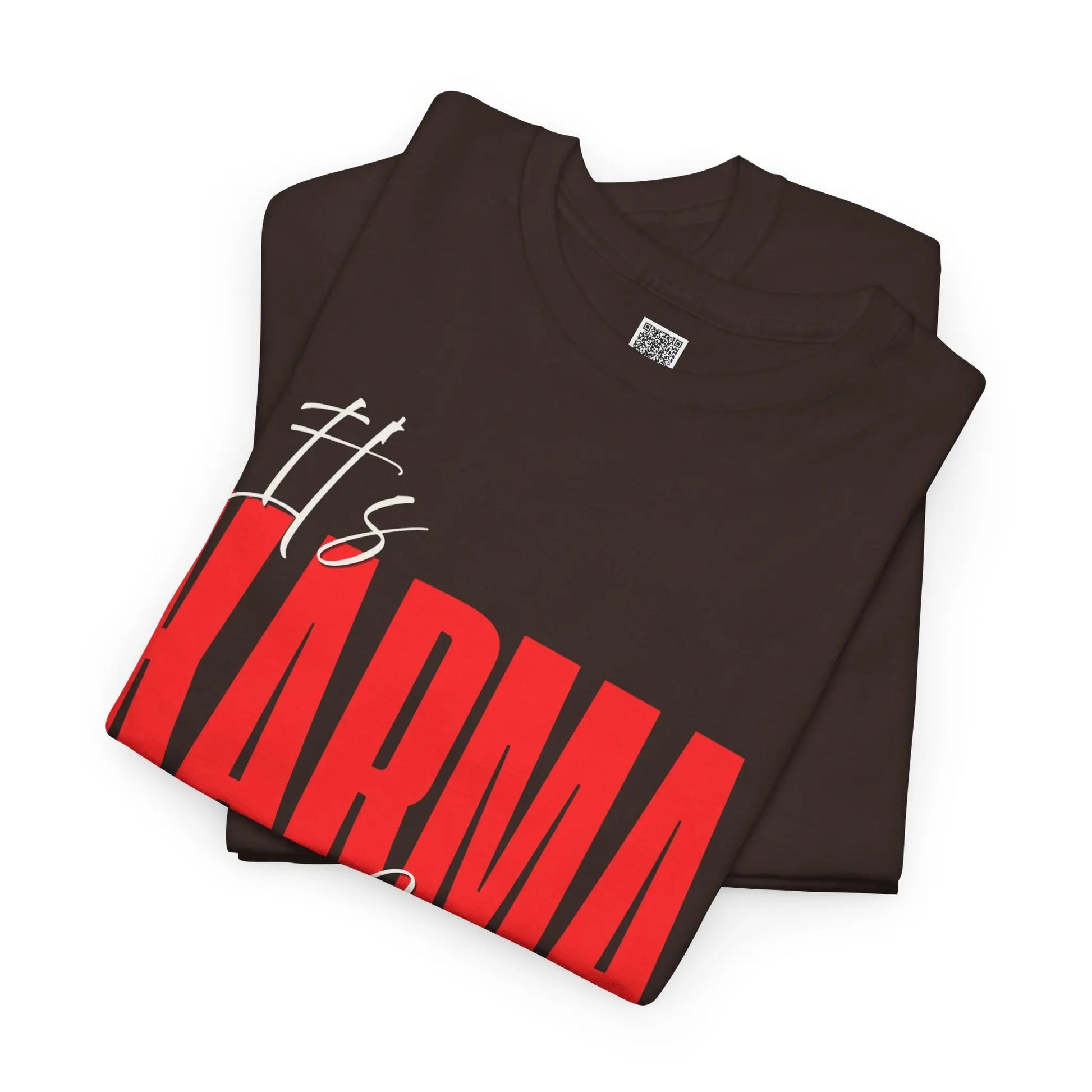 Women's "It’s Karma, Baby" empowerment graphic T-shirt by Printify featuring motivational spiritual message on soft fabric.