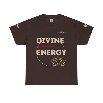 Women's spiritual empowerment T-shirt featuring lotus design and feminine energy graphic, ideal for yoga and mindfulness practices.