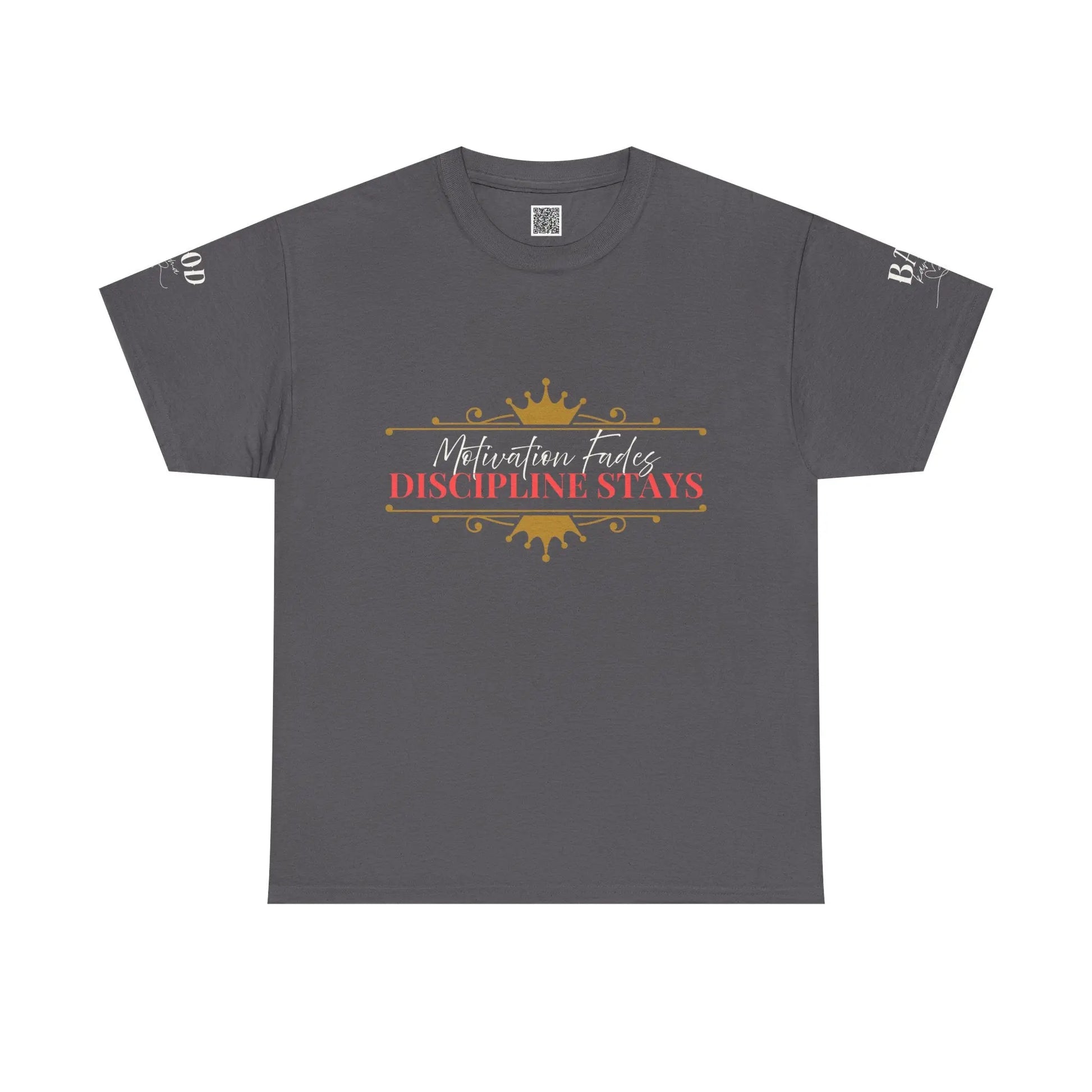 Women's motivational graphic T-shirt with "Motivation Fades. Discipline Stays." slogan, featuring empowering design on a Printify tee.