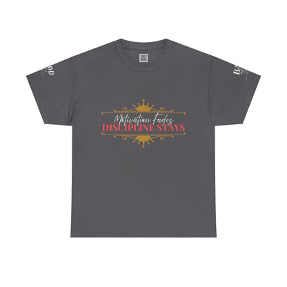 Women's motivational graphic T-shirt with "Motivation Fades. Discipline Stays." slogan, featuring empowering design on a Printify tee.